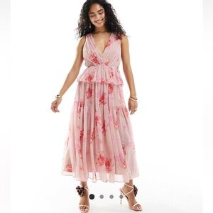 Pink Floral Tiered Midi Dress